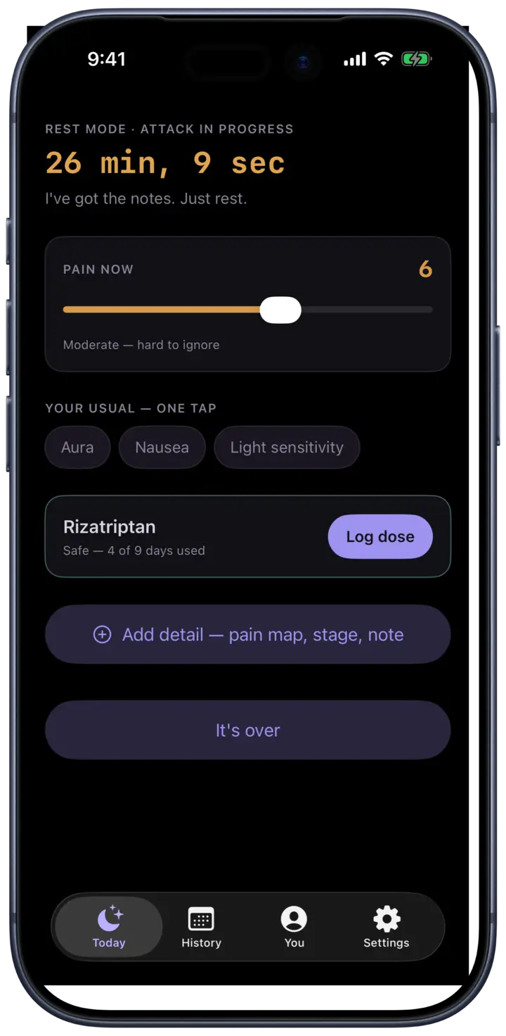 Logging mid-attack: an amber timer, a pain slider, one-tap symptom chips, and your usual medication