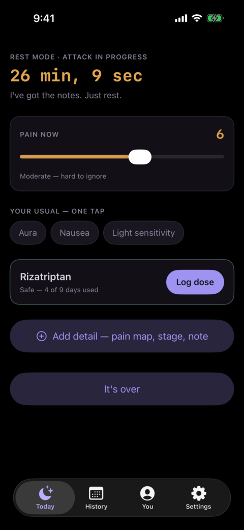 Logging mid-attack: an amber timer, a pain slider, one-tap symptom chips, and your usual medication