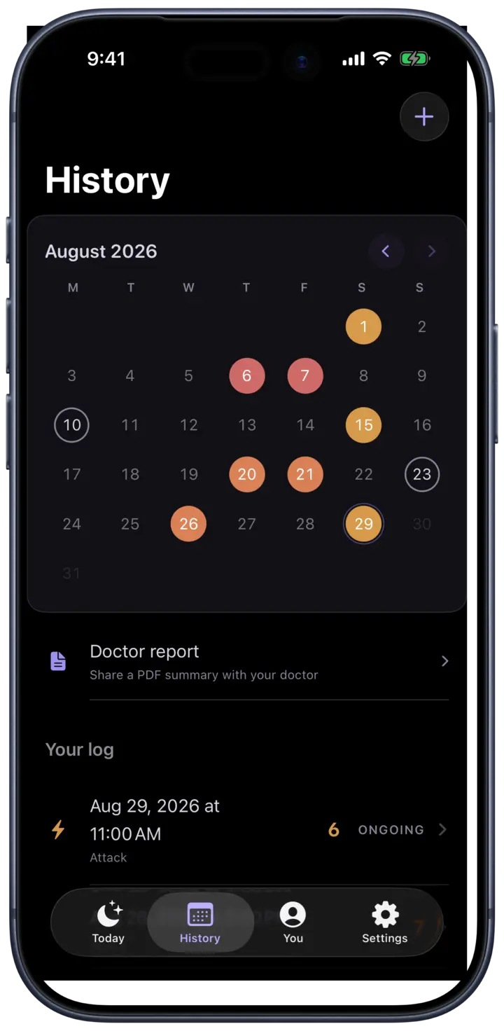 History: a monthly calendar with attack days marked, and your attack log beneath