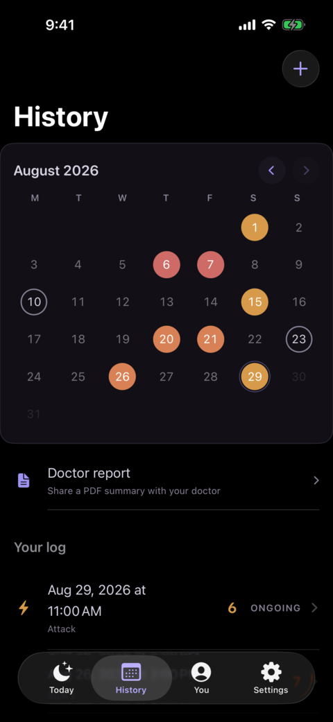 History: a monthly calendar with attack days marked, and your attack log beneath