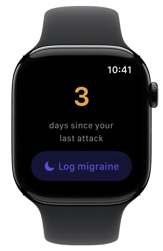 An Apple Watch Series 11 in Jet Black showing the Dusk app: 3 days since your last attack, and a Log migraine button.